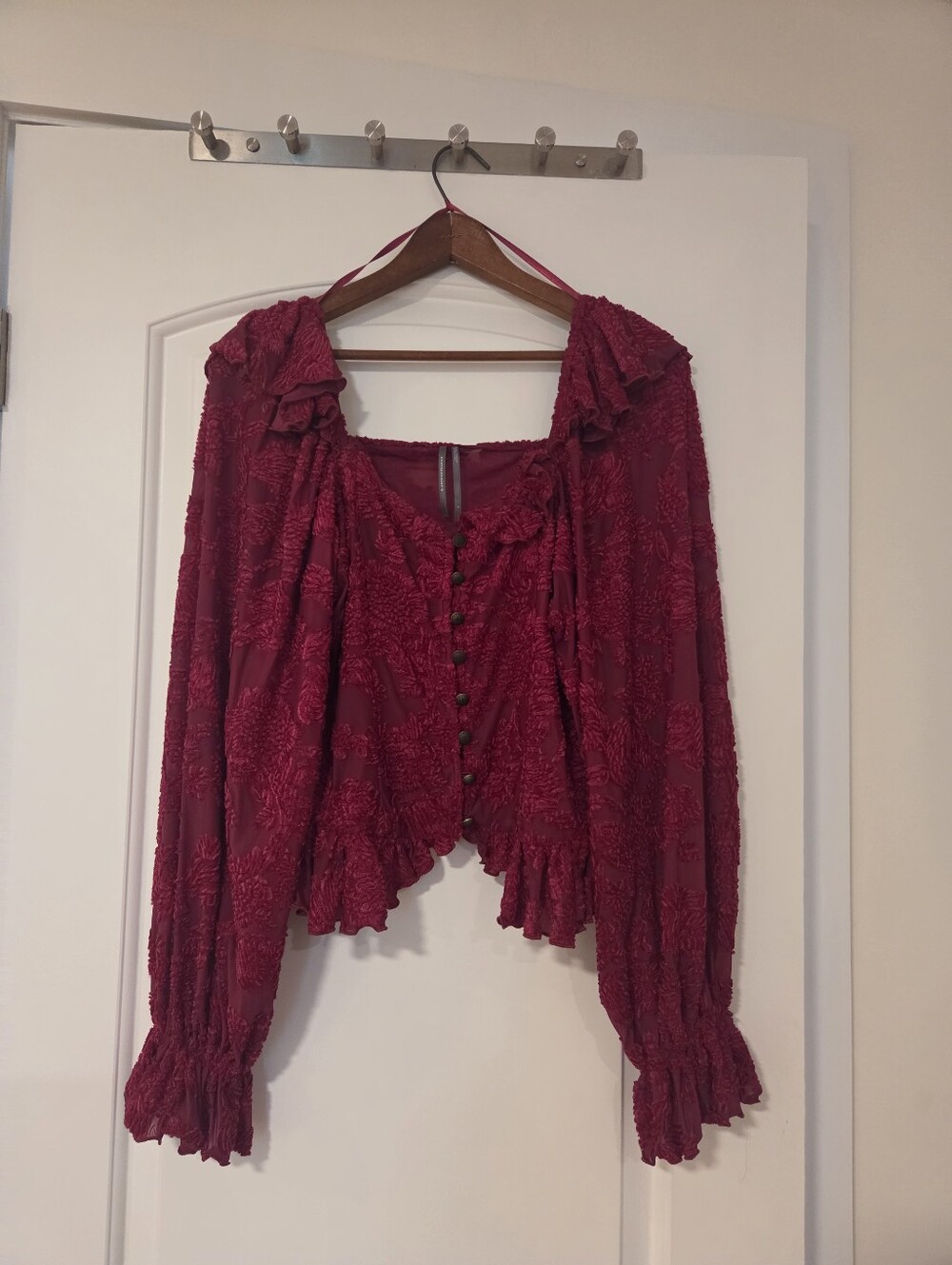 NWOT Anthropologie Velvet Berry Ballon Sleve  Peasant Top SIZE Large